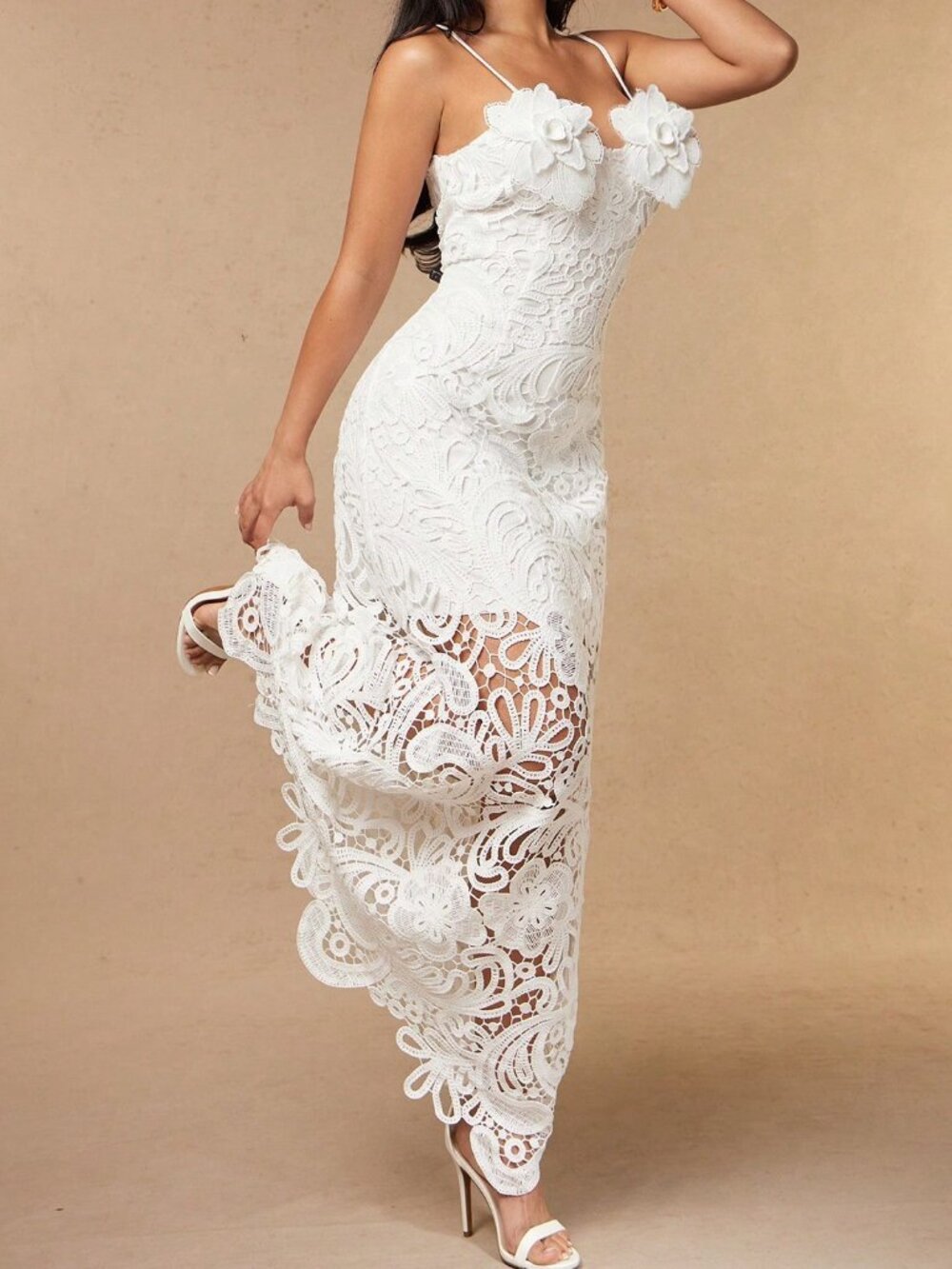 Beige Elegant Women's 3D Floral Spaghetti Strap Cold Shoulder Long Slip Dress